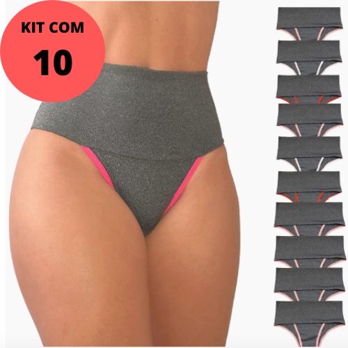 KIT 10 Calcinha Modeladora Cintura Alta Sustentação Segura Barriga Cós Fio Duplo