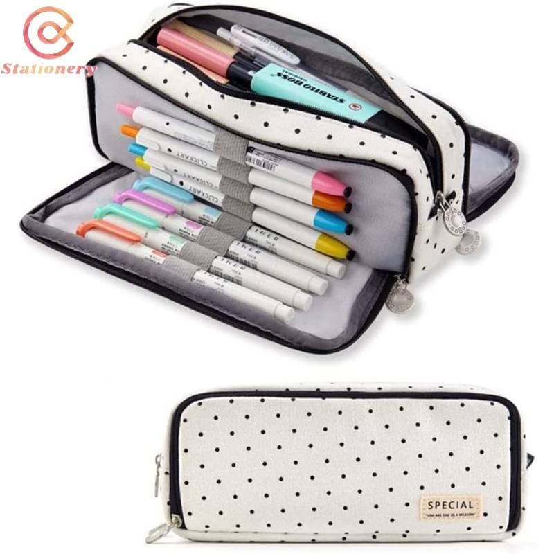 Estojo Para Lápis De Grande Capacidade com 3 Zíperes, bolsa para lápis, organizador de sacos de cosméticos quadrado,Black dots