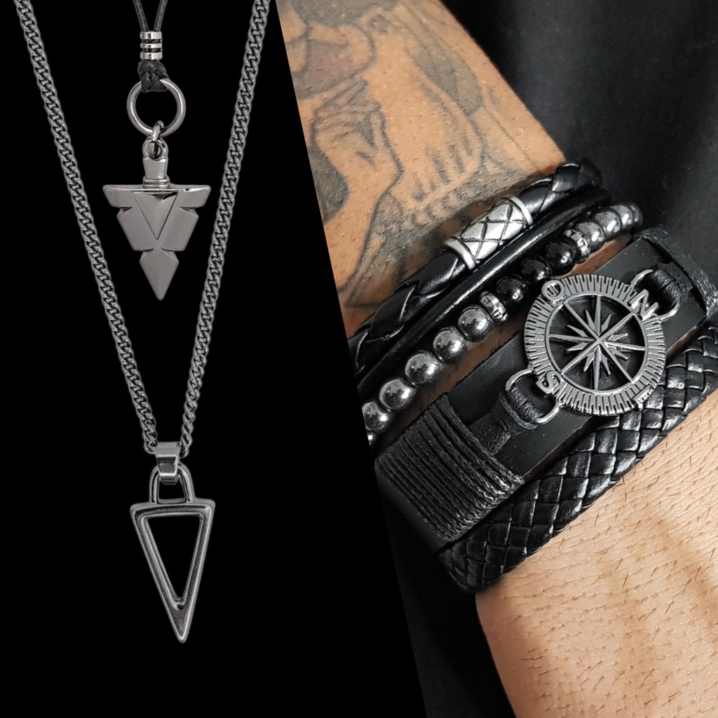 Pulseiras Masculinas Kit C/04 De Couro Bussola + Colares Masculinos ...