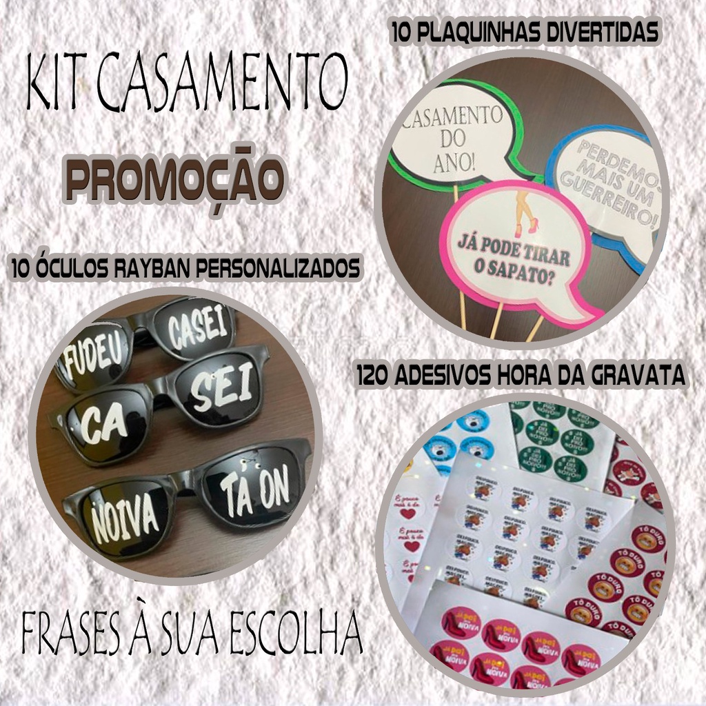 Kit Casamento 10 Óculos + 10 Plaquinhas + 120 Adesivo Hora da Gravata