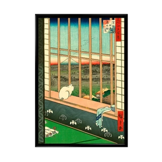 Quadro Decorativo Gato Sentado na Janela Utagawa Hiroshige Oriental Japonês com Moldura Preta