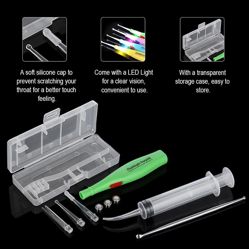 LED Light Earpick Tonsil Stone Remover Kit Irrigation Syringe with Storage Box(Random color)