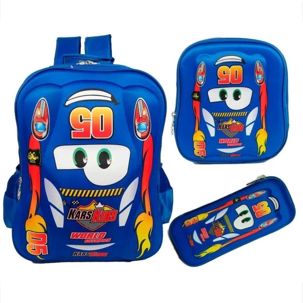 Kit Mochila Escolar para Menino Costas Carro Kars Kids Tam Grande infantil com estojo lancheira volta as aulas passeio resistente