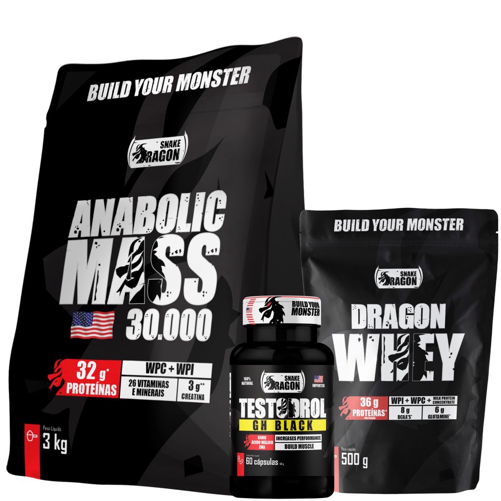Kit Hipercalórico Anabolic Mass 30000 + Dragon Whey 500g + Testo Black 60 cápsulas