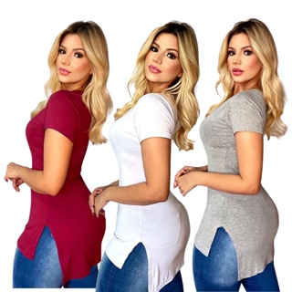 KIT 2 Blusa Camiseta Feminina Long Line Lisa Basica Academia Blusinha Viscolycra Sobre Legg