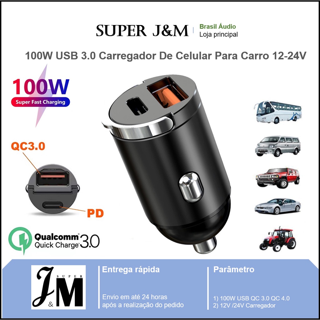 200W Carregador Veicular Turbo USB 3.0 PD 3.0 Carregador Carro Tipo C Para Mini Xiaomi Huawei IOS