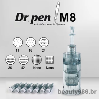 Kit 10 Dermapen M8 Cartuchos Dr Caneta Nano Micro Agulhamento 16 24 36 42 Pontas Transparentes