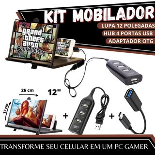Kit Mobilador Para Celular Hub 4 Portas Usb + Amplificador Lupa De Tela + Cabo Adaptador Otg Tipo-C ou Micro Usb em Oferta na Shopee