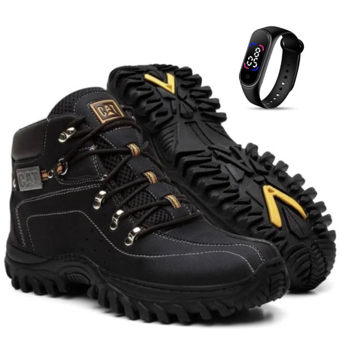 Bota Coturno Masculina Caterpillar Adventure Trilha De Couro Reforçado Super Leve + Relogio Digital