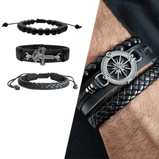 Pulseiras De Couro Masculinas Kit C/03 Bussola