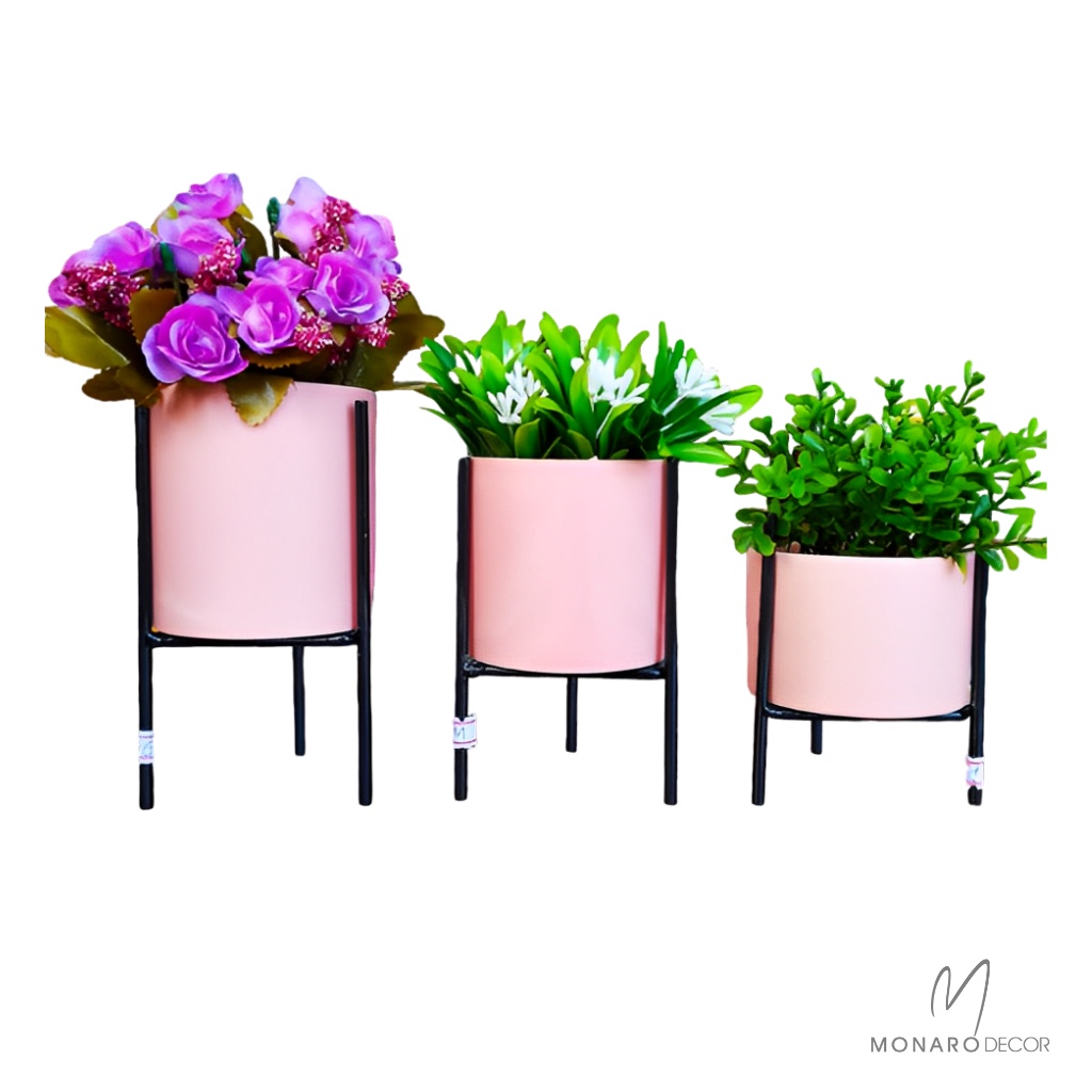 Kit Vasos de Cerâmica Rosa com 3 unidades Decorativo com Suporte