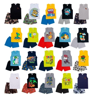 Kit 10 peças de roupas sendo 5 regatas e 5 bermudas regata estampada ou lisa conjunto infantil menino bermuda tamanho 1 2 3 4 6 8 10