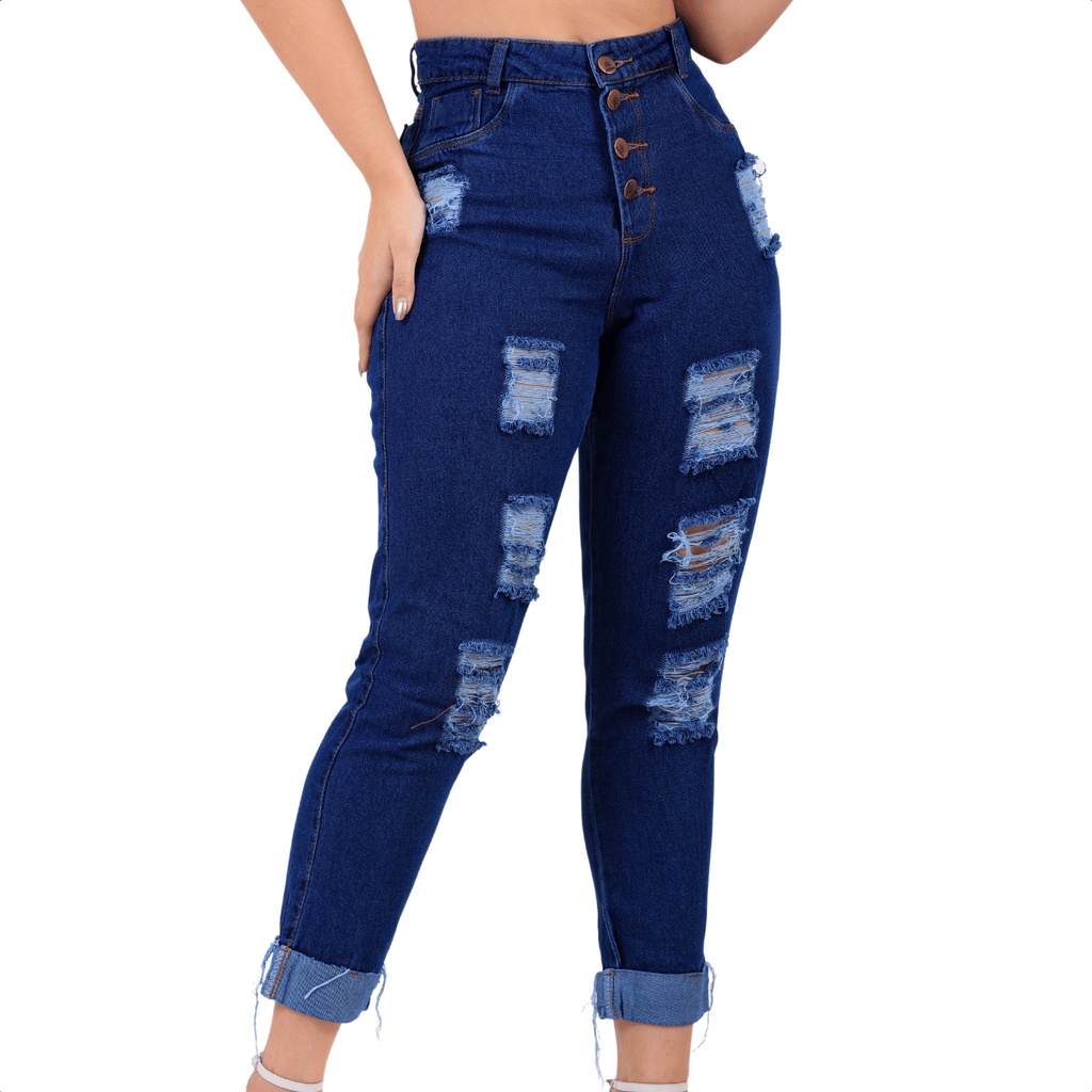 Calça Feminina Jeans Cintura Alta Rasgado Azul - Compre Agora