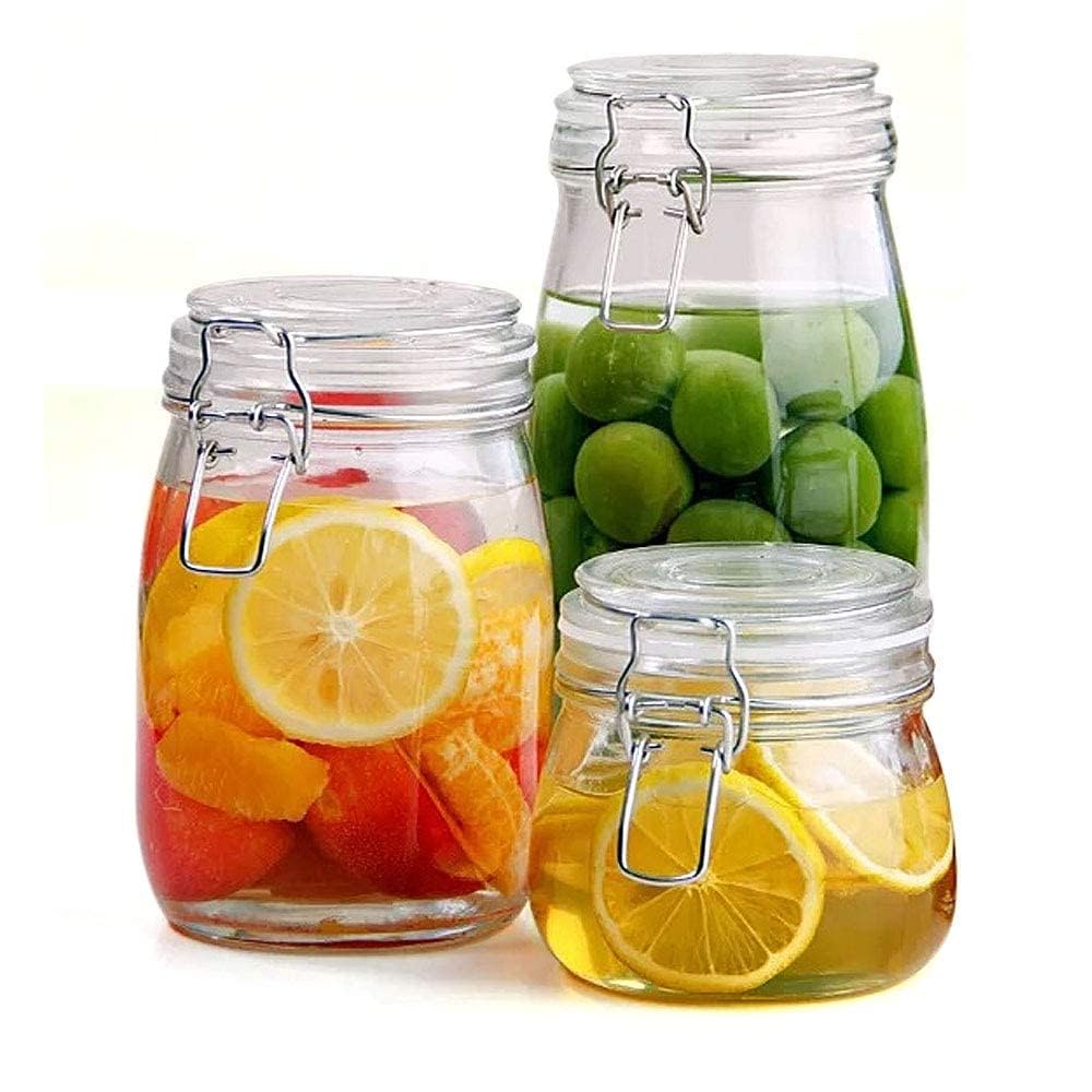 03 Potes Herméticos Vidro 500ml 1000ml 1500ml Trava De Aço e Selador Silicone