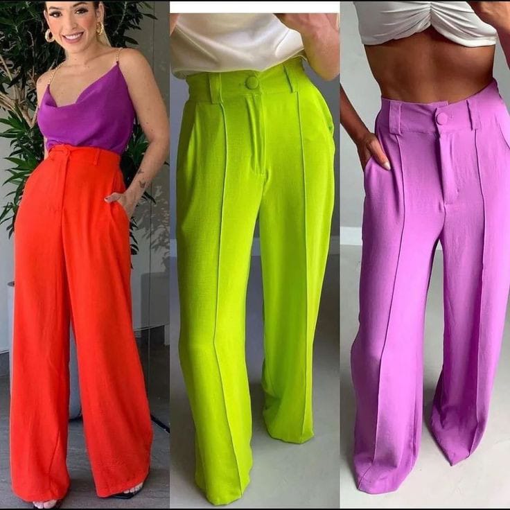 Calça Pantalona cintura alta tecido De Duna social estilo alfaiataria detalhe nas costa de elástico com zíper BOTÃO forrado no mesmo tecido - Várias Cores