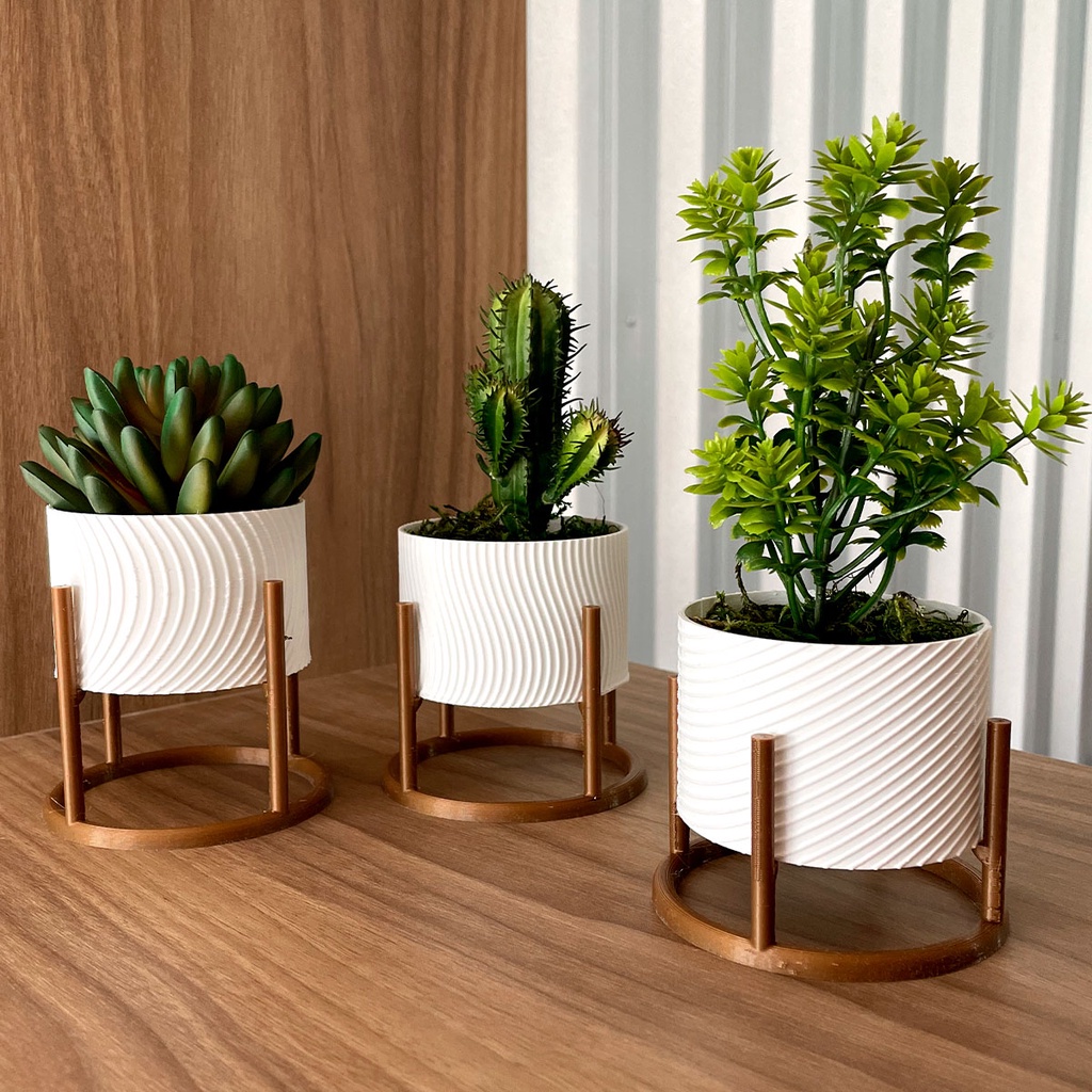 Trio de Vasos Cachepot com Suporte Para Cactos ou Suculentas