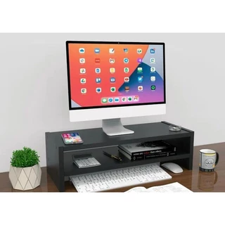 Base Dupla Suporte Para Monitor Preta Prateleira Organizador Mesinha Escritório Quarto