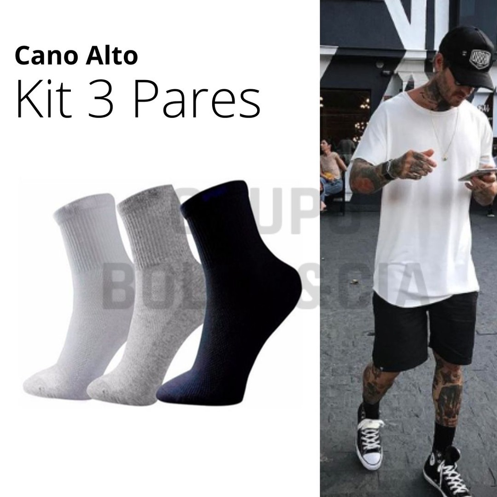 Kit 03 Meias Cano Alto Lisa Academia Estilosa Moda Masculina