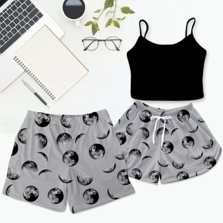 Pijama Casal Cropped Preto Mozão Estampa Good Night Lua Cinza