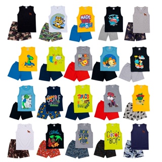 Kit 6 peças de roupas infantil conjuntos verão menino 3 regatas e 3 bermudas floral ou camuflada Tamanhos 1 2 3 4 6 8