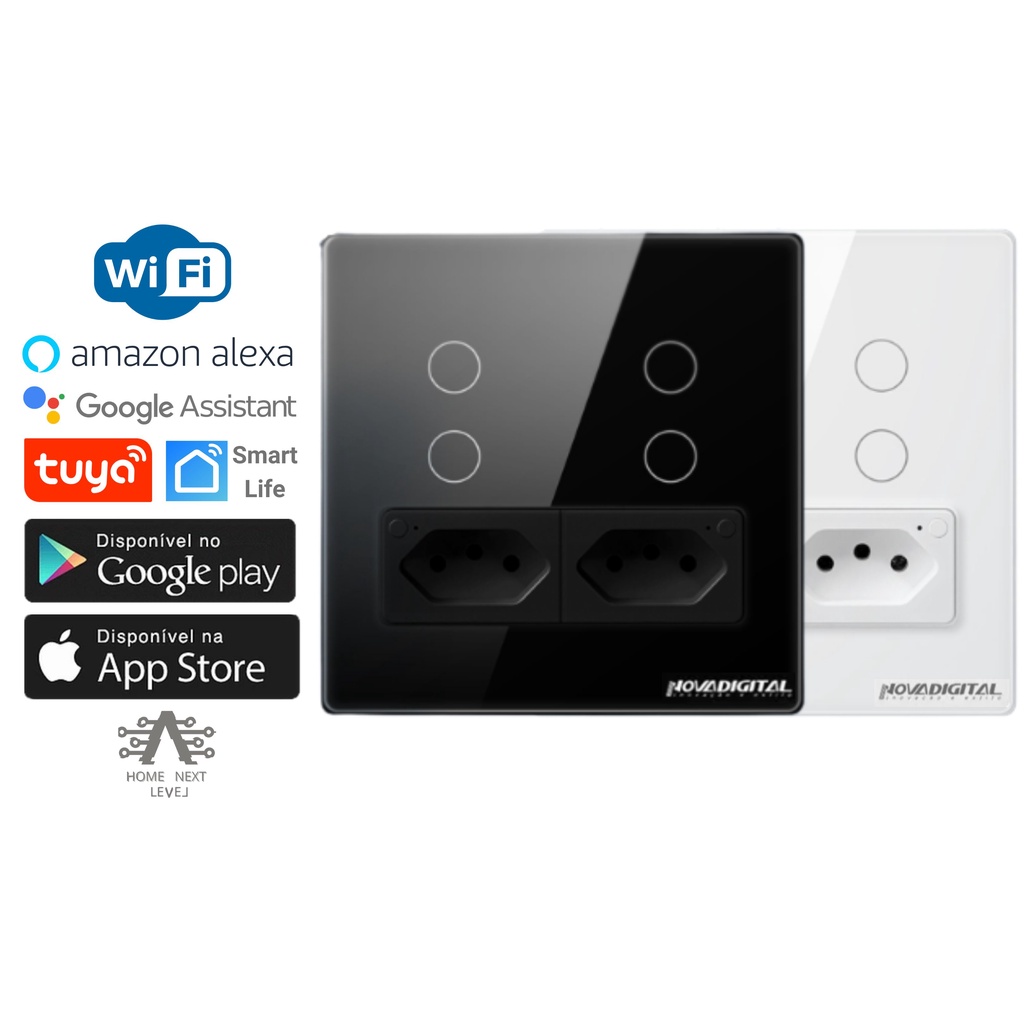 Interruptor 4x4 Touch 4 Botões Teclas Canais e Tomada Dupla Inteligente Wifi Alexa Google Tuya Smart Automação