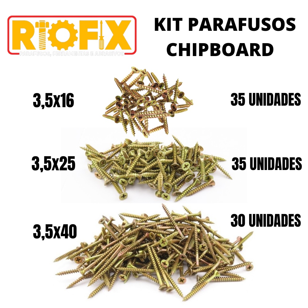 Kit Parafusos Chipboard 100pçs (3,5x40/ 3,5x25/ 3,5x16) Para Mdf E Madeira.