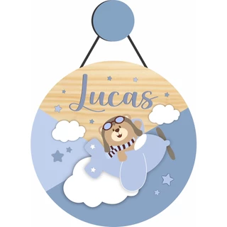 Enfeite Porta Maternidade Urso Aviador, Avião, Ursinho - Nome personalizado - Decoração para quarto! GUIRLANDA