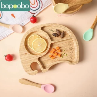1 Pc Louça De Mesa De Madeira Para Bebês Prato De Bambu Natural Bandeja De Alimentação Em Chapa Ventosa De Silicone Sem Deslizamento