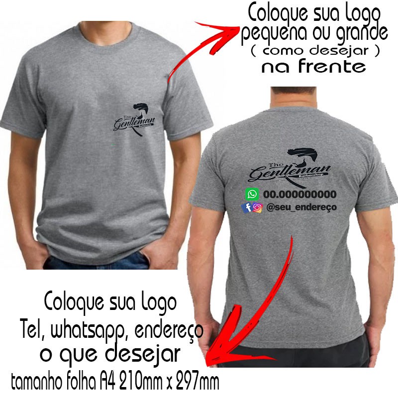 1 Camisetas Personalizadas sua Arte Logo Cinza Mescla Frente e Costas Empresa Blusa Loja Camisa Uniforme sua profissão