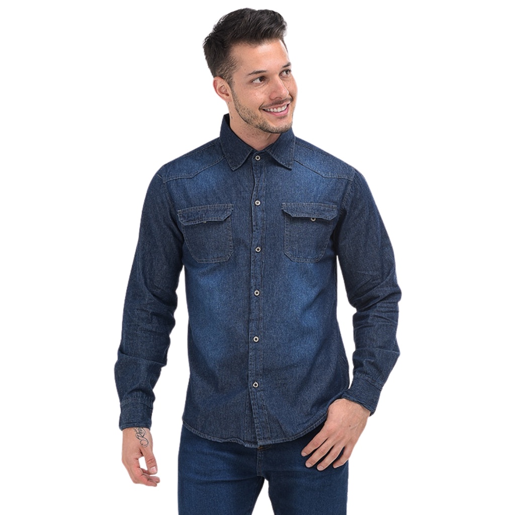 Camisa Social Manga Longa Jeans Masculina