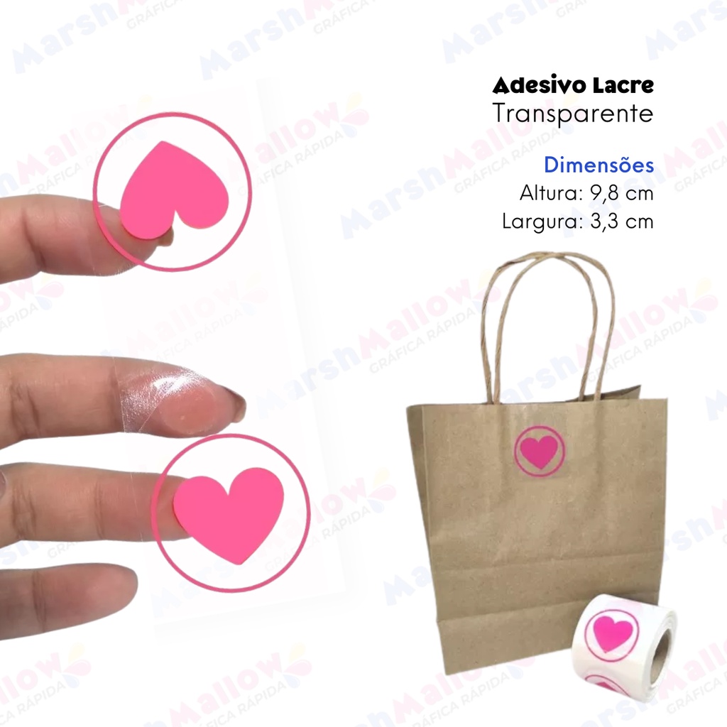 Lacre Etiqueta Adesivo Transparente de Coração Rosa 9,8cm X 3,3 cm para ...