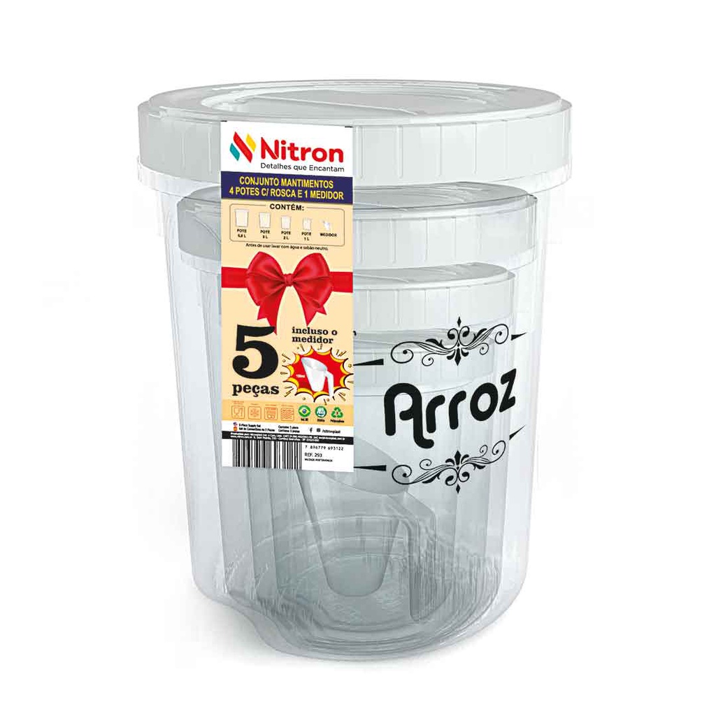 CONJUNTO DE POTES MANTIMENTO COM ROSCA COM 4 PEÇAS E 1 MEDIDOR