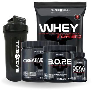 Kit Suplementos – Whey Protein Turbo 900g + Creatina Monohidratada Turbo 150g + Pré Treino B.O.P.E 150g + BCAA 2400 30 Cápsulas + Coqueteleira 600ml – Black Skull