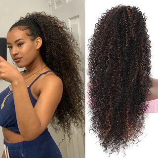 60CM Rabo de Cavalo com Cordão Longo Cacheado Profundo Resistente ao Calor Sintético Clipe Instantâneo Extensão de Rabo de Cavalo Estilo Protetor Afro Crespo Encaracolado Pedaços de Cabelo Castanho Mechas