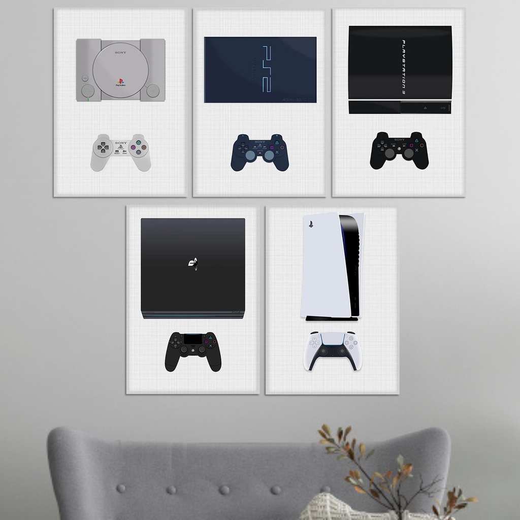 Kit 5 Placas Quadros decorativos PlayStation 1,2,3,4 e 5 Quarto Gamer