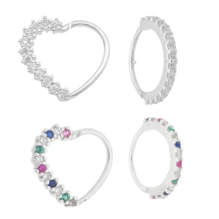 Kit 4x Piercings Prata 925 Argola e Coração Cravejados Zircônia 10mm