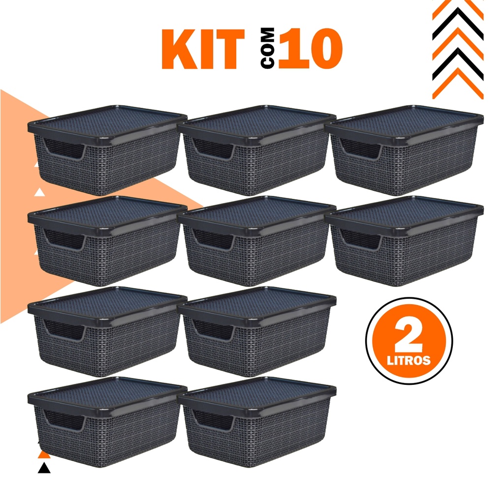 Kit 10 Caixa Organizadora Jutta Preto 2 Litros Cesto Organizador de Maquiagem Calcinhas Gavetas Bi