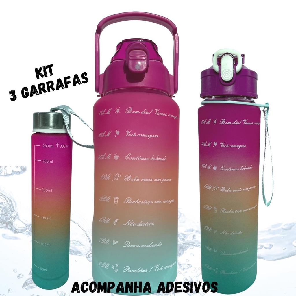 Garrafa de Agua 3 em 1 kit 3 Garrafas 2 litros 850 ml 300 ml Squeze Academia Treino Tie Dye