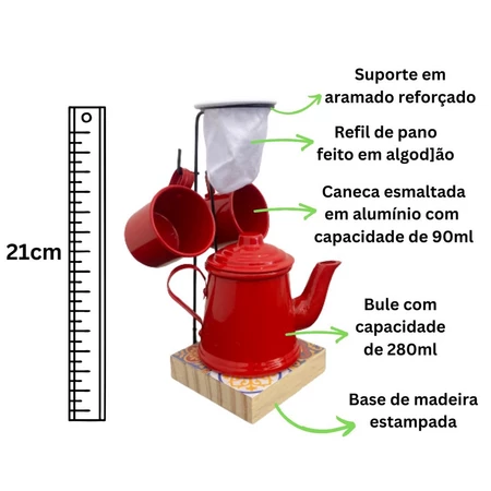 Mini Coador Café Gourmet Individual Bule + 2 Canecas 90ml 
