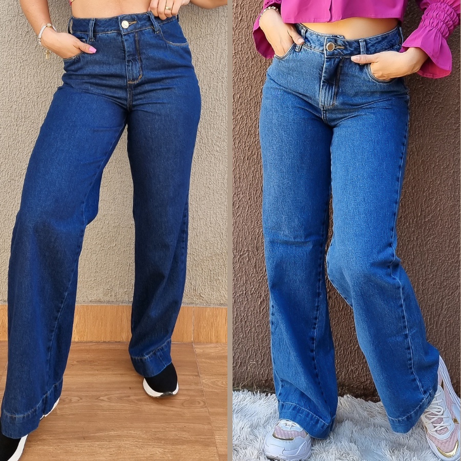 Calça Jeans Feminina Wide Leg Cintura Alta Tecido Grosso Pantalona Linha Premium 100% Algodão