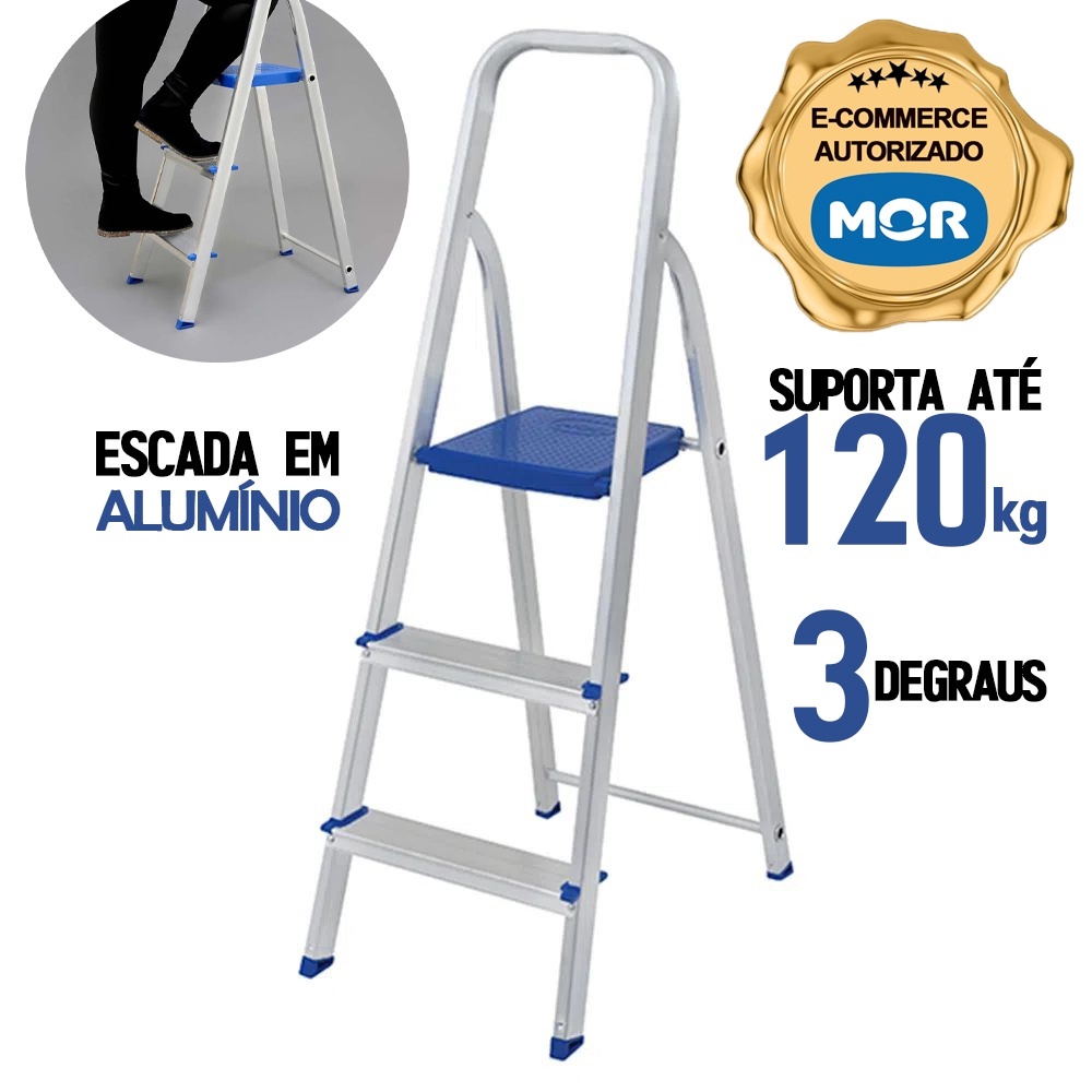 Escada 3 Degraus de Alumínio Articulada Dobravel Escada de Aluminio 3 Degraus Reforçada Mor