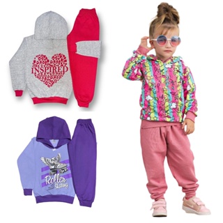 Kit 4 Peças Moletom Feminino Infantil Menina 1 a 8 Inverno Outono Flanelado Quentinho- 2 Casaco + 2 Calça de Moletom Peluciado
