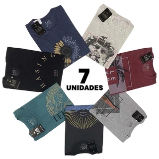 Kit 7 Camisetas Masculinas Estampadas Gola Redonda Manga Curta em Malha Algodão Premium