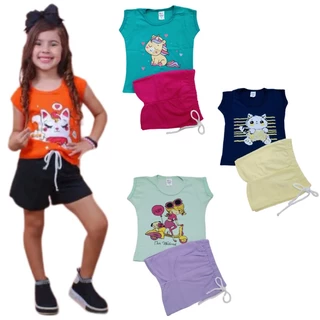 Kit 6 Peças 3 Conjuntos Menina Short e Blusa