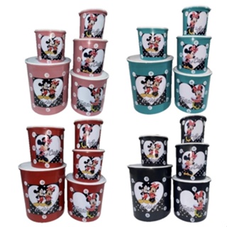 Kit Mantimento Redondo 5 peças com decalque Minnie e Mickey Porta Mantimento Jogo De Pote Plástico Tipo Tapoer