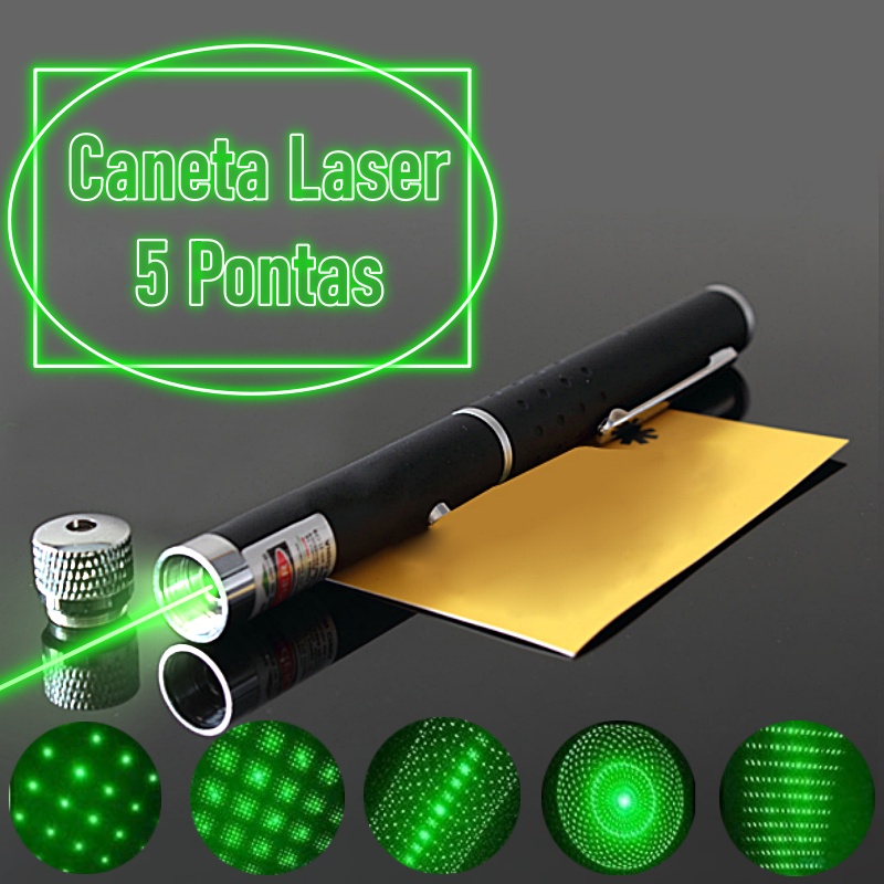 Caneta Laser Pointer Verde 5000MW Profissional 5 Pontas