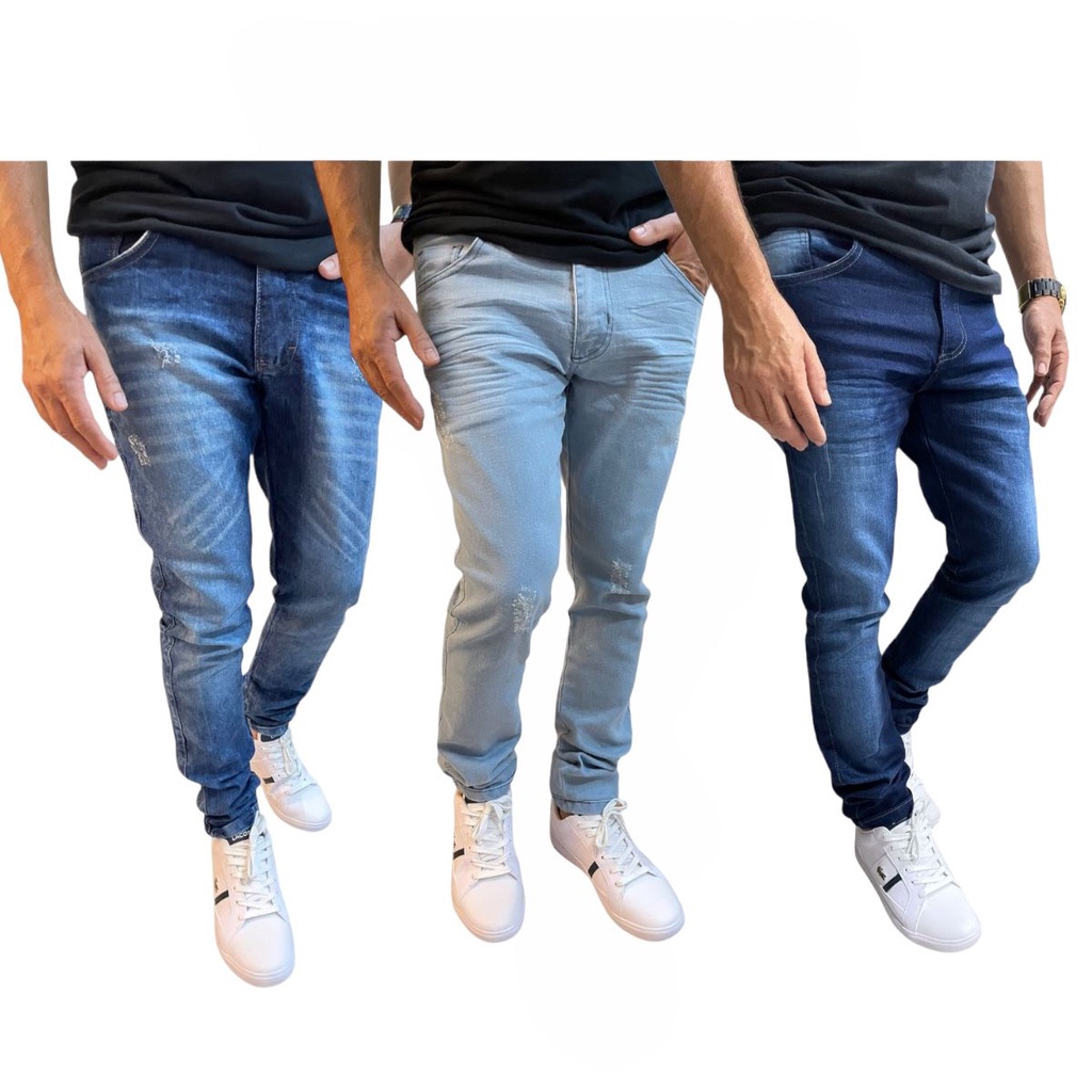 Kit 3 Calças Masculinas Jeans Skinny com Laycra Tamanho Normal e Plus Size ENVIO IMEDIATO C/ NF