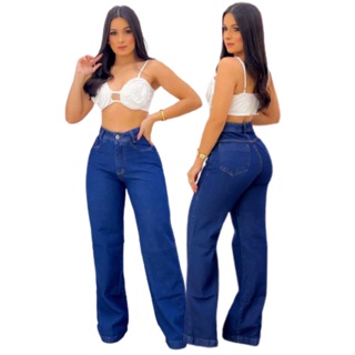 Calça Jeans Wide Leg Feminina Pantalona Destroyed Cintura Alta Azul Escuro  Tamanho 36 - Cor UNICA