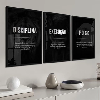 Kit 3 Quadros Leão Águia Disciplina Foco Execução Moldura e Vidro Escritório
