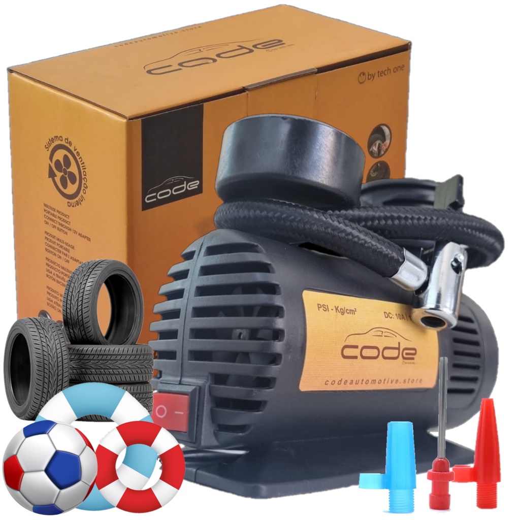 Compressor De Ar Mini Portátil Mini Ar Automotivo Preto Code by Tech One 300Psi Pneu Sempre Cheio